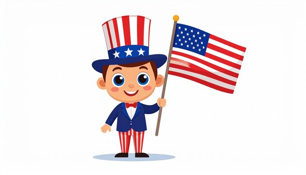 A patriotic cartoon illustration of a young boy wearing a Fourth of July Uncle Sam hat while holding a United States flag to celebrate America&rsquo;s Independence Day holiday