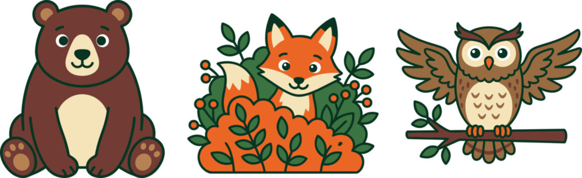 Cute Forest Animal Vector Set Featuring a Brown Bear, Orange Fox in Bushes, and Owl on Branch for Kids Nursery Decor and Stickers