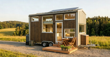 Fototapeta premium A modern, eco-friendly wooden tiny house on wheels with solar panels and a small deck, parked on a rural countryside path next to a meadow at golden hour.