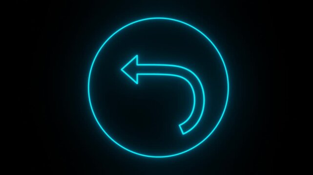 Cyan neon glowing undo return arrow inside circle seamless loop animation on dark black background