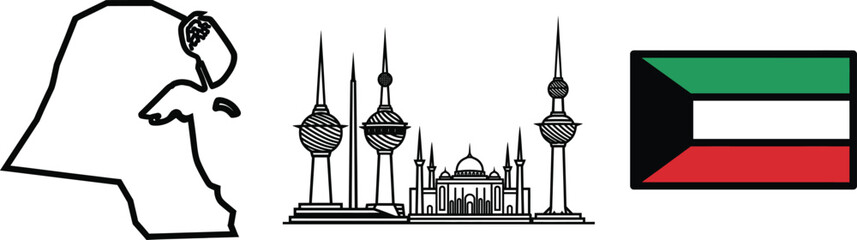 Fototapeta premium Outline map of kuwait with mosque landmarks and official rectangle flag vector