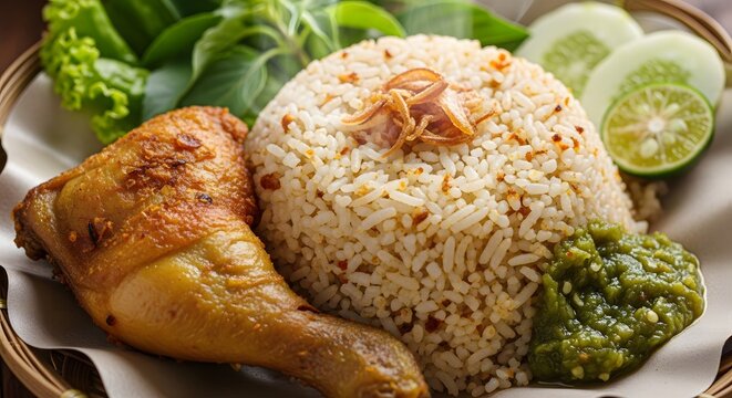 Traditional Sundanese Rice Mixed with Oncom Served with Fried Chicken and Green Sambal