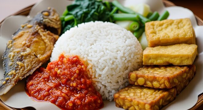 Nasi Tempong Banyuwangi with Super Spicy Sambal Fried Fish and Tofu Tempeh