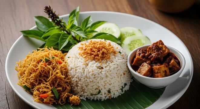 Betawi Nasi Ulam with Rice Vermicelli Tofu Semur and Fried Shallots