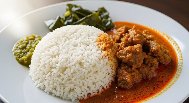 Minang Style Beef Rendang Rice with Green Chili Sambal and Cassava Leaves