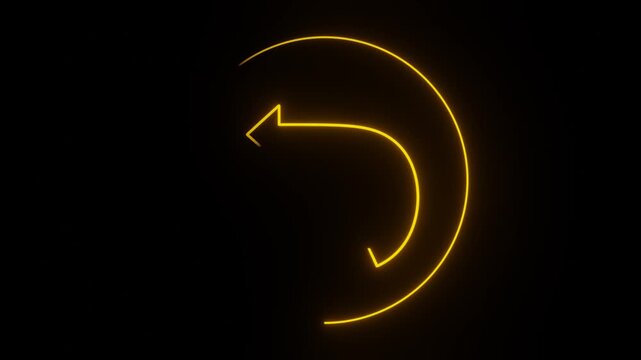 Yellow golden neon glowing undo return arrow line circle seamless loop animation on dark background