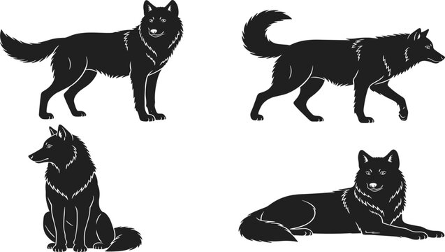 Wolf Silhouette Vector Pack, Wild Forest Predator Poses, Standing Walking Sitting and Lying Down Canine, Wilderness Nature Animal Stencil Graphics