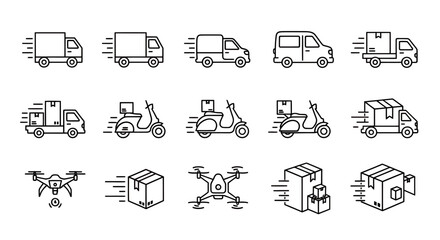 Fototapeta premium Collection of line art transportation icons featuring trucks, vans, buses, motorcycles and delivery vehicles.