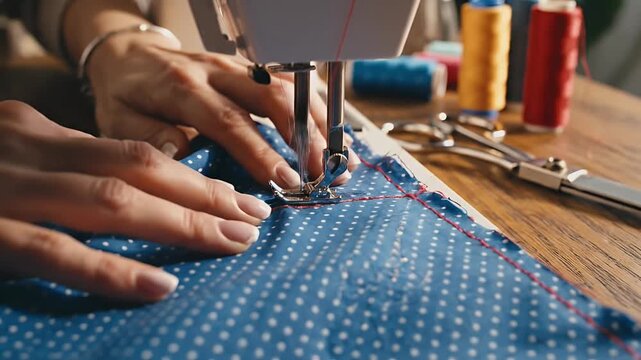 Close Up Of Woman Hands Sewing Blue Fabric On Sewing Machine Red Thread