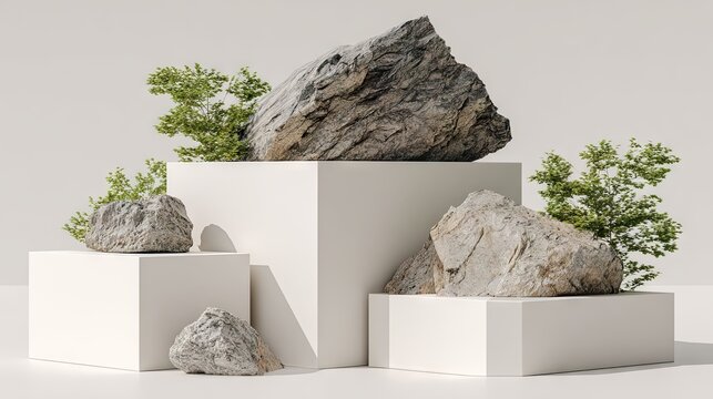 Natural elements are arranged on staggered white geometric pedestals against a plain background