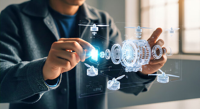 A male engineer uses augmented reality to interact with a complex 3D holographic model of a drone engine in a modern workspace, showcasing futuristic design and technology.