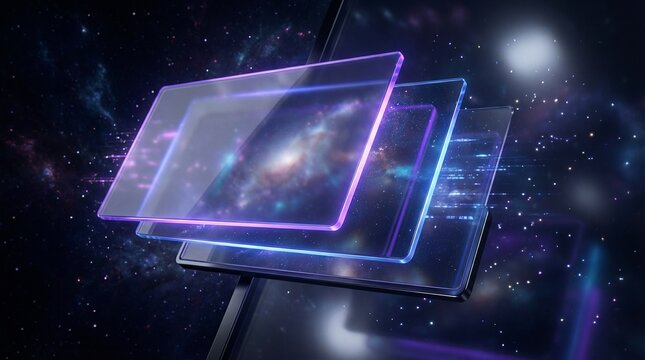 Futuristic holographic display technology with glowing screens floating in space