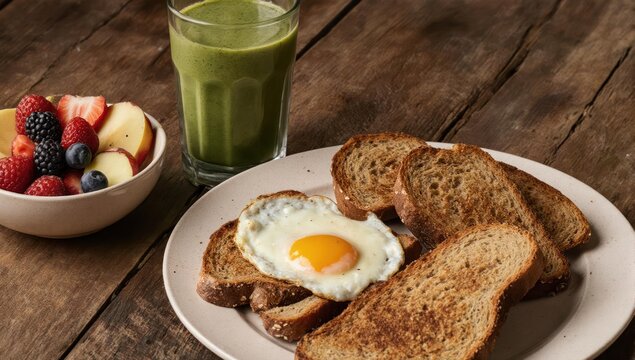 Healthy Breakfast with Toast, Egg, Fruit Salad, and Green Smoothie.