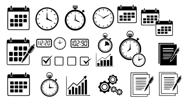 A collection of black and white vector icons depicting various time management and productivity symbols including clocks calendars and charts on a white background