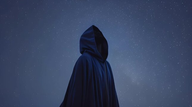 Enigmatic hooded figure standing under a vast, ethereal starry night sky, evoking profound contemplation
