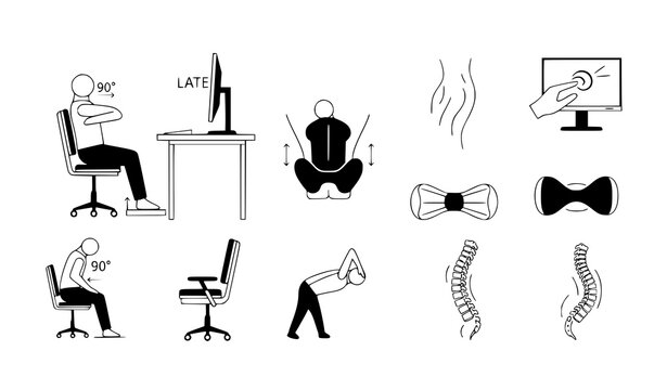 A vector graphic illustration depicting various office ergonomics and spine anatomy for educational or informative purposes