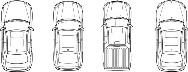 car top view outlines set, vehicle blueprint collection, sedan and pickup designs, transport icons, detailed automotive line vector illustration © MstNilufar