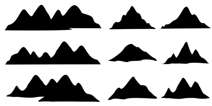 Various shapes of mountain silhouette image patterns to complement the background effect, isolated on a white background, vector