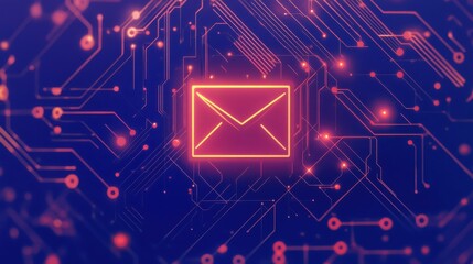 Fototapeta premium A glowing neon orange email icon illuminated on a futuristic circuit board.