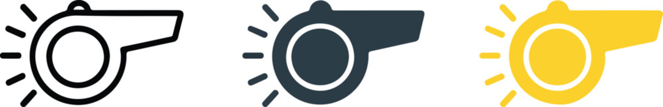 Sports whistle vector icon set featuring outline silhouette and yellow illustrations for athletic coaching referee game start and emergency signal.