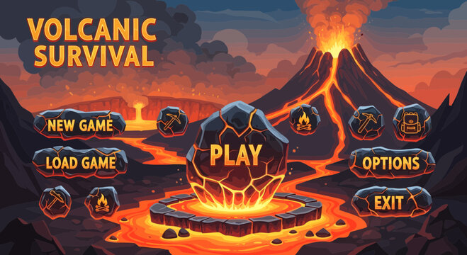 Volcanic Survival Game Interface with Central Play Button.
