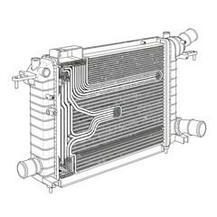 Fototapeta premium Technical illustration of a heat exchanger with intricate internal piping and external connections for fluid transfer