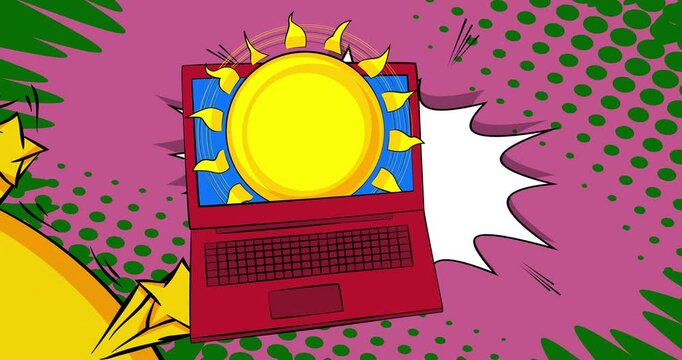 Cartoon Laptop, comic book Notebook with Sun. Retro cartoon comics pop art animation.