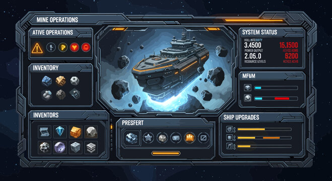 Futuristic Spaceship UI Interface with Spaceship in Center.