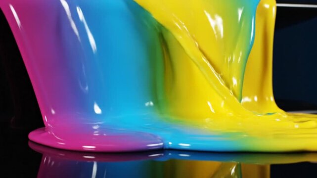 Colorful drips of glossy paint over black surface create smooth melted color strata
