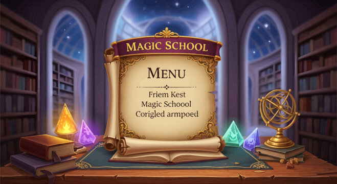 Magic School Menu Scroll with Ornate Design.