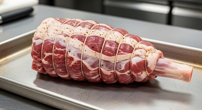 A raw lamb leg roast tied with kitchen twine and seasoned with black pepper on a metal tray. pierna cordero