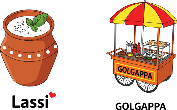Indian street food lassi drink in clay pot and golgappa cart colorful vector illustration isolated on white background