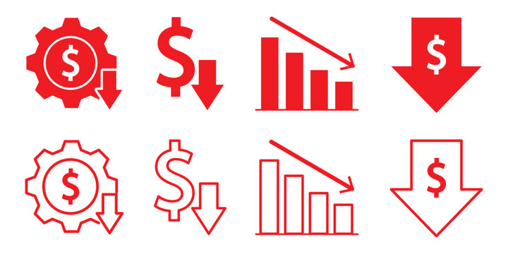 Cost reduction vector icon concepts. cost savings icon, dollar decrease sign. Percent down icon, High and Low Percent arrow icon in black. Financial Decline, Discount, and Cost Reduction Symbols.