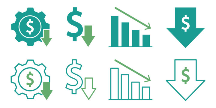 Cost Reduction and Business Efficiency Icon Set. Money Saving Symbols with Dollar Sign, Down Arrow, Decreasing Bar Chart, and Cog Gear. Two-Tone Blue Vector Assets for Financial Planning & Budget Cuts