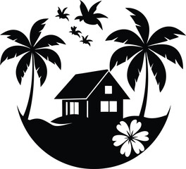 Black silhouette of a tropical island house with palm trees and birds © LailaArtworks