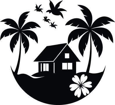 Black silhouette of a tropical island house with palm trees and birds