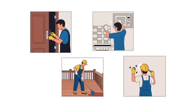 Home maintenance and repair tasks performed by a handyman, including door repair, kitchen cleaning, deck staining, and wall patching.
