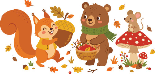 Obraz premium Cute Autumn Woodland Animals Vector Set with Squirrel Carrying Acorn Bear Holding Harvest Basket and Mouse on Mushroom for Fall Nursery Decor