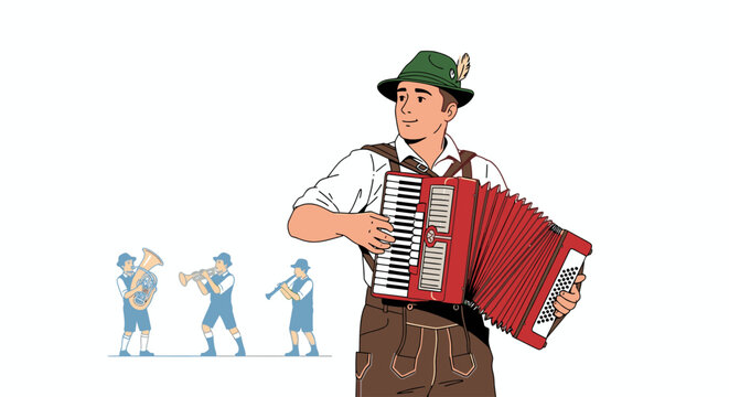 Illustration of a man in traditional German clothing playing an accordion with a band performing in the background on a white background.
