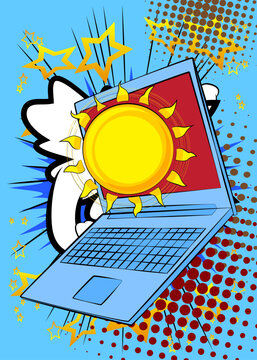 Cartoon Laptop, comic book Notebook with Sun. Retro vector comics pop art design.