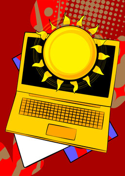 Cartoon Laptop, comic book Notebook with Sun. Retro vector comics pop art design.