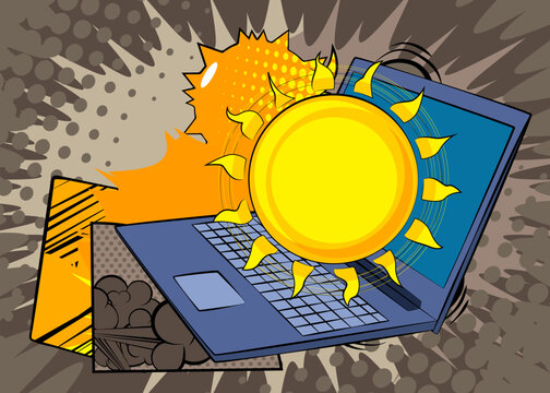 Cartoon Laptop, comic book Notebook with Sun. Retro vector comics pop art design.