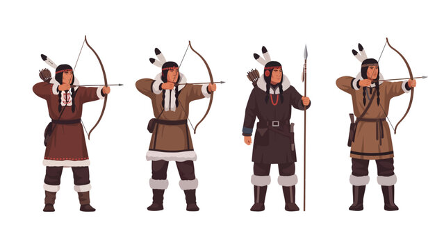 Indigenous Hunters and Archers in Traditional Attire with Bows, Arrows, and Spear. Native Culture Illustration Set.