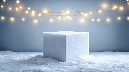 Obraz premium Glowing string lights illuminate a pristine snow-covered cubic pedestal against a cool blue background