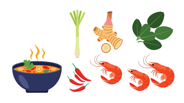 Spicy Tom Yum Soup and Essential Thai Ingredients Vector. Hot Prawn Soup with Lemongrass, Galangal, Kaffir Lime, Chili.