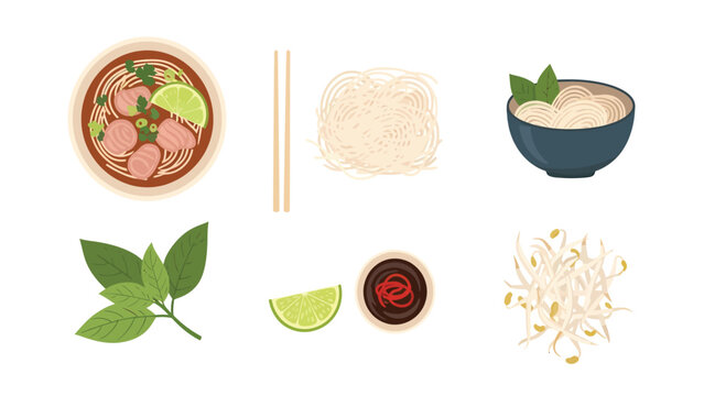 Vietnamese Pho Soup & Ingredients Set. Flat lay illustration of Asian cuisine elements: noodles, herbs, lime, sprouts, sauce, and basil.