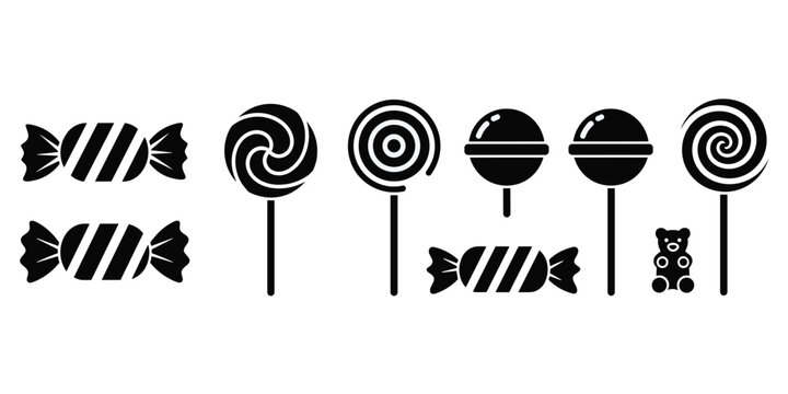 Candy silhouette illustration, sweet artwork with lollipops gummy bear wrapped candies swirl shapes confectionery design vector