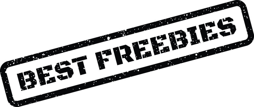 Distressed black rubber stamp with the phrase best freebies inside a rectangular frame for promotions