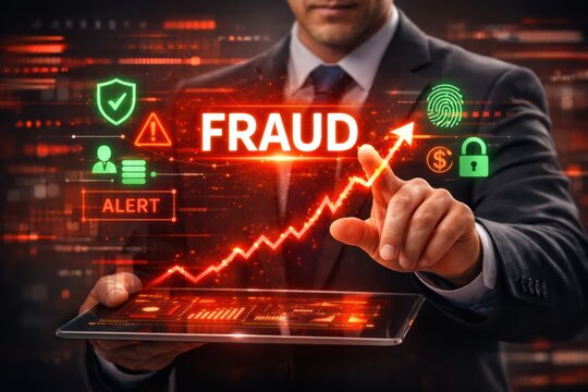 Digital Fraud Alert: A composed executive in a sharp suit interacts with a futuristic, data-rich display highlighting a concerning fraud alert.