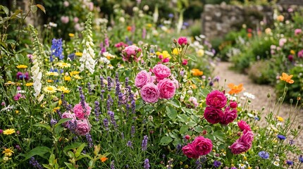 Obraz premium A vibrant garden path lined with blooming pink roses, purple lavender, and assorted wildflowers in full bloom.